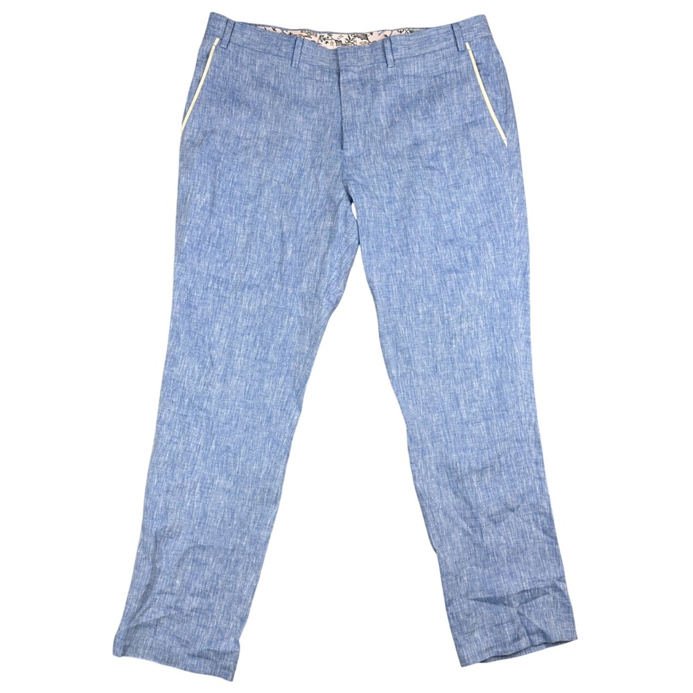 Tallia Mens Blue 100% Linen Pants Flat Front Floral Lined Summer Trousers 38x30